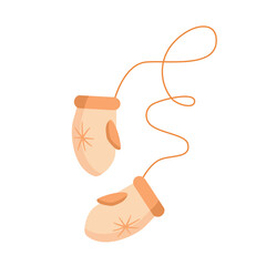 Obraz premium Mittens with a soft beige snowflake connected with a rope. Cozy vector illustration for creating holiday cards, invitations, website design, banners, and different typography 