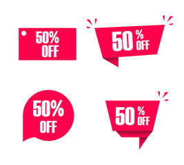 Conjunto de etiquetas de descuento. Oferta especial, 50 por ciento de descuento. Ilustración vectorial, estilo rojo