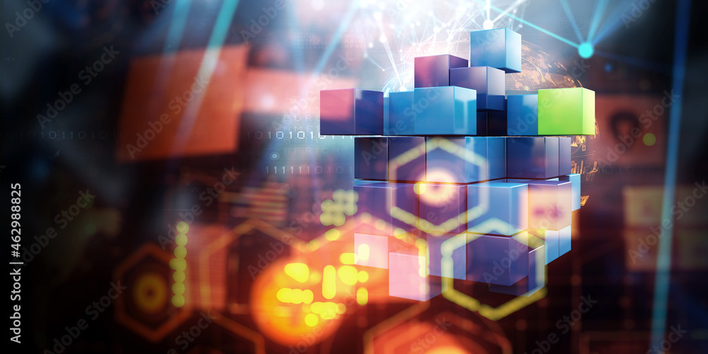 Poster Floating shiny cube network . Mixed media