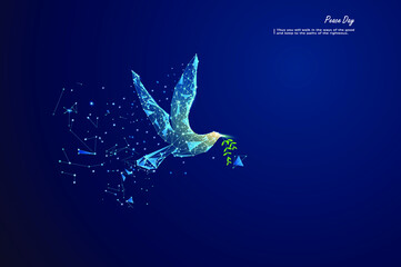 Wireframe Peace dove sign mesh from a starry on blue background. International Peace Day, Low poly style design Geometric background.
