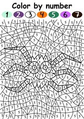 Cute spider color by number game for Halloween vector illustration. Funny cartoon spider educational puzzle with numbers for children vertical printable worksheet vector