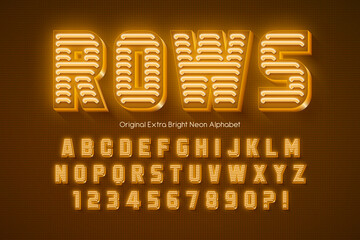 Neon light 3d alphabet, retro-futuristic origainal type.