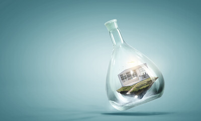 House inside a floating glass bottle