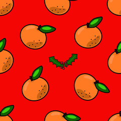 Seamless pattern of Mandarins with leaves, on red background.