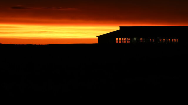 Sunset on a Livestock Farm.  A beautiful color photo of a livestock barn in rural Midwest USA silhouetted against a vibrant red, orange and yellow sunset. Copy space.