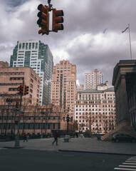 downtown city state traffic light Brooklyn New York people buildings 