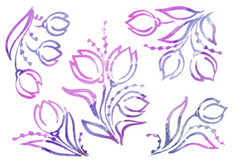 Obraz premium Watercolor artistic multicolor Set of floral Tulip elements in the style of line art wedding theme on a white background. Doodle and scribble. Pink, gray, purple, lilac and violet gradient Watercolour
