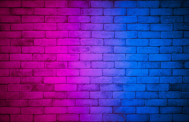 Naklejka na ściany i meble Lighting effect red and blue on empty brick wall background. Backdrop decoration party happy new year happiness concept, Showing or placing products. Lighting effect pink and cyan wall background.