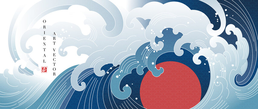 Luxury oriental style background vector. Ocean wave and sun wallpaper design with Japanese style line art. Traditional Japanese wave for wall arts, prints and home decoration.