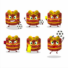 Red round gift cartoon character working as a Football referee