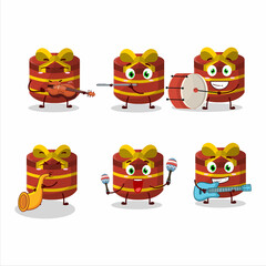 Cartoon character of red round gift playing some musical instruments