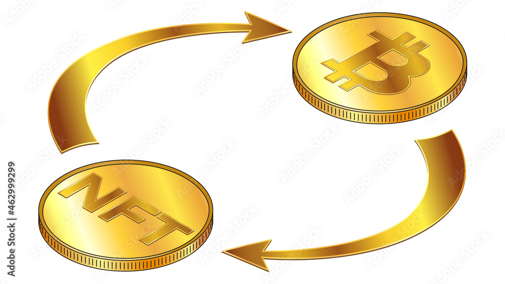 Wall mural nft and bitcoin circulation isometric concept with gold coins and cyclical arrows isolated on white.