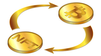 NFT and Bitcoin circulation isometric concept with gold coins and cyclical arrows isolated on white. Vector design element. - obrazy, fototapety, plakaty