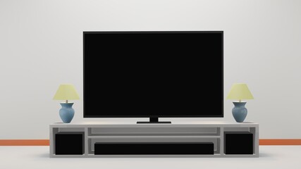 black screen tv for product advertisement placed on a cabinet in a modern living room with a table lamp on a white background, 3d rendering