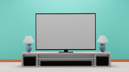 Gray screen TV for product advertisement placed on a cabinet in a modern living room with a table lamp on a blue background, 3D rendering