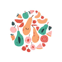 Round composition with fruits and berries. Naive minimalistic style.