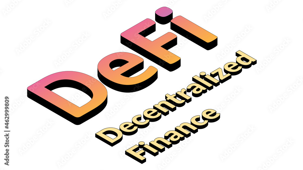 Wall mural defi - decentralized finance, isometric text isolated on white. ecosystem of financial applications 