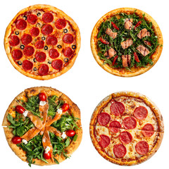Isolated collage of various types of pizza on white