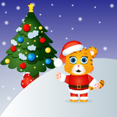 The image of a cute tiger cub in a Santa costume. The concept of New Year and Christmas