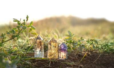 gemstones crystals on natural background. Magic quartz minerals for Crystal Ritual, Witchcraft....