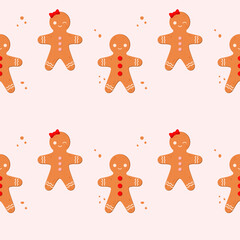 Cute pattern with gingerbread men in cartoon style. Christmas and New Year.