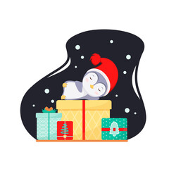 A cute penguin sleeps on gift boxes. Christmas card. Flat design.
