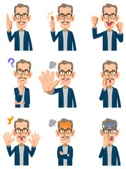 Fototapeta premium 口ひげを生やしたカジュアルな服装の年配の男性の9種類の仕草と表情 