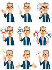 口ひげを生やしたカジュアルな服装の年配の男性の9種類の仕草と表情
