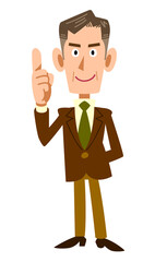 人差し指を立てる年配ビジネスマンの全身イラスト
