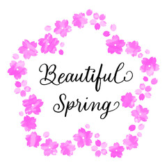 Fototapeta na wymiar 桜の形のフレームとBeautiful Springのカリグラフィー 