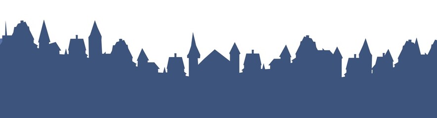 Small town streets silhouette. Roofs of houses. Country landscape. Flat cartoon style. Seamless illustration. Isolated on white background. Vector art