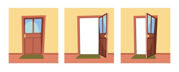 Set of doors. Open, half ajar and locked. From inside of room at home. Light wall. Way is open. Cartoon style. Vector