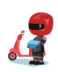 Scooter driver. Biker Cartoon. Child illustration. Delivery. In a sports uniform and a red helmet. Cool motorcyclist. Isolated on white background. Vector