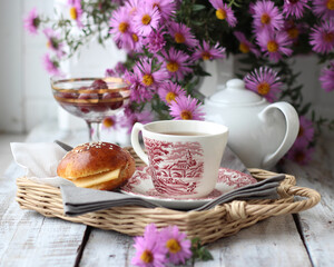 cup of tea with cookies and flowers