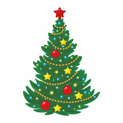 Decorated Christmas tree with balls, stars and garlands, isolated on white background, Christmas card, decorative element for graphic design.