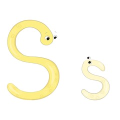 Capital and lowercase letters Ss from the English alphabet in the form of funny and cute cartoon characters of an adult and a baby. Pastel yellow colors. Vector illustration