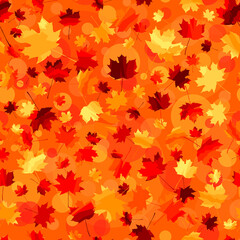 Naklejka na ściany i meble autumn leaves on blurred color background with bokeh circles. vector seamless pattern. wrapping paper. design element for greeting card, print, banner, flyer, cover, invitation. modern stylish texture