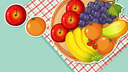 Thumbnail design with many fruits in the table