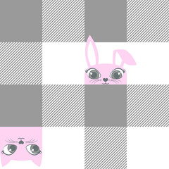 Printed check seamless pattern with kitten and bunny faces.