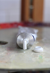 
tube of white paint on the artist's palette