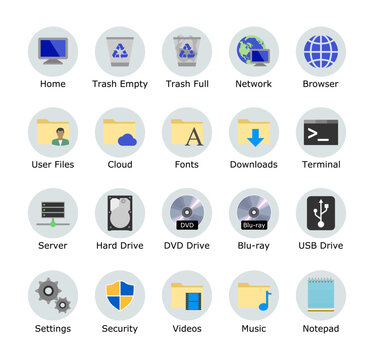 Desktop icon pack. My computer folder theme. Linux customization icons. Smartphone shortcut signs. System software and devices. Vector illustrations.
