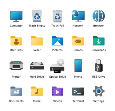 Desktop icon pack. My computer folder theme. Linux customization icons. PC shortcut signs. System software and devices. New eleven inspired vector illustrations.
