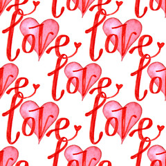 Seamless pattern red heart with lettering word love on white. Hand drawn marker naive art. Ornate swirl line. Creative background for valentines day, card, celebration, 8 March, sticker, wedding