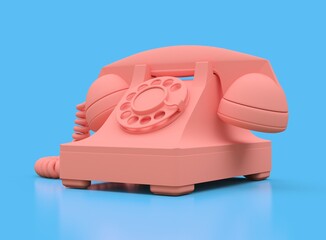 Old pink dial telephone on a blue background. 3d illustration.