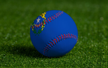 Baseball with Nevada flag on green grass background, close up