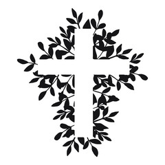 Cross. Black floral religious cross isolated. Christian symbol for Baptism, First Communion, Easter, or Christmas design. Catholic object. Orthodox cross with branches and leaves.