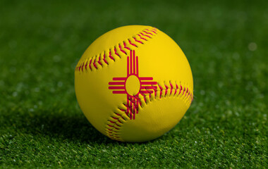 Baseball with New Mexico flag on green grass background, close up