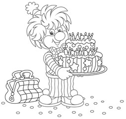 Friendly smiling circus clown in a funny suit with a decorated sweet birthday cake for dessert on a party, black and white outline vector cartoon illustration for a coloring book page