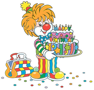 Friendly smiling circus clown in a funny colorful suit with a decorated sweet birthday cake for dessert on a party, vector cartoon illustration isolated on a white background