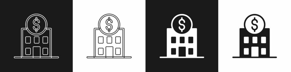 Set Bank building icon isolated on black and white background. Vector